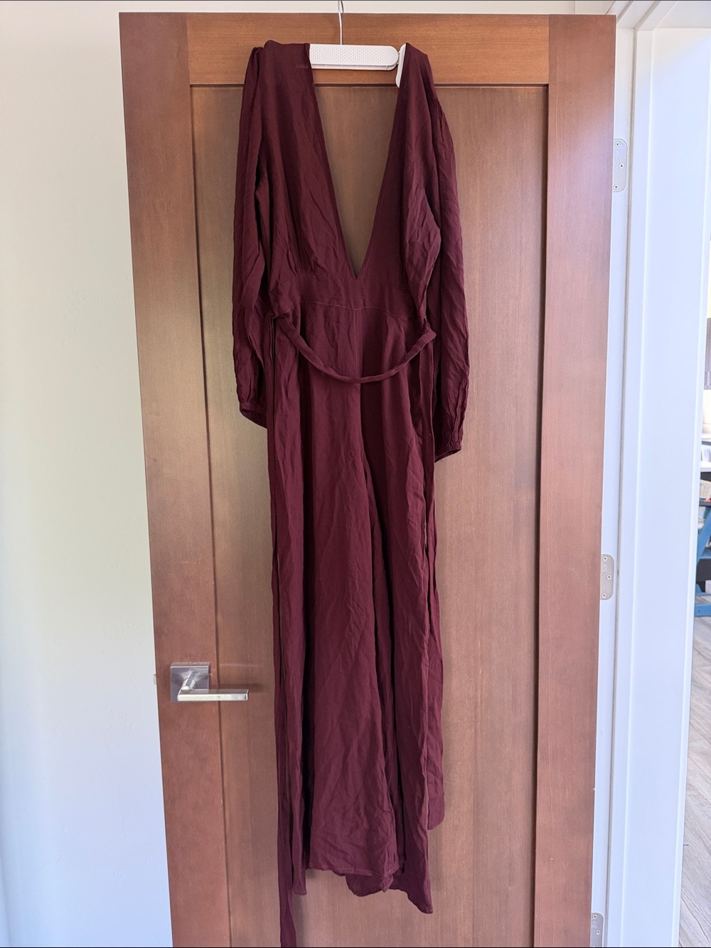 Deep V Long Sleeve Maxi Dress in Burgundy with Waist Tie